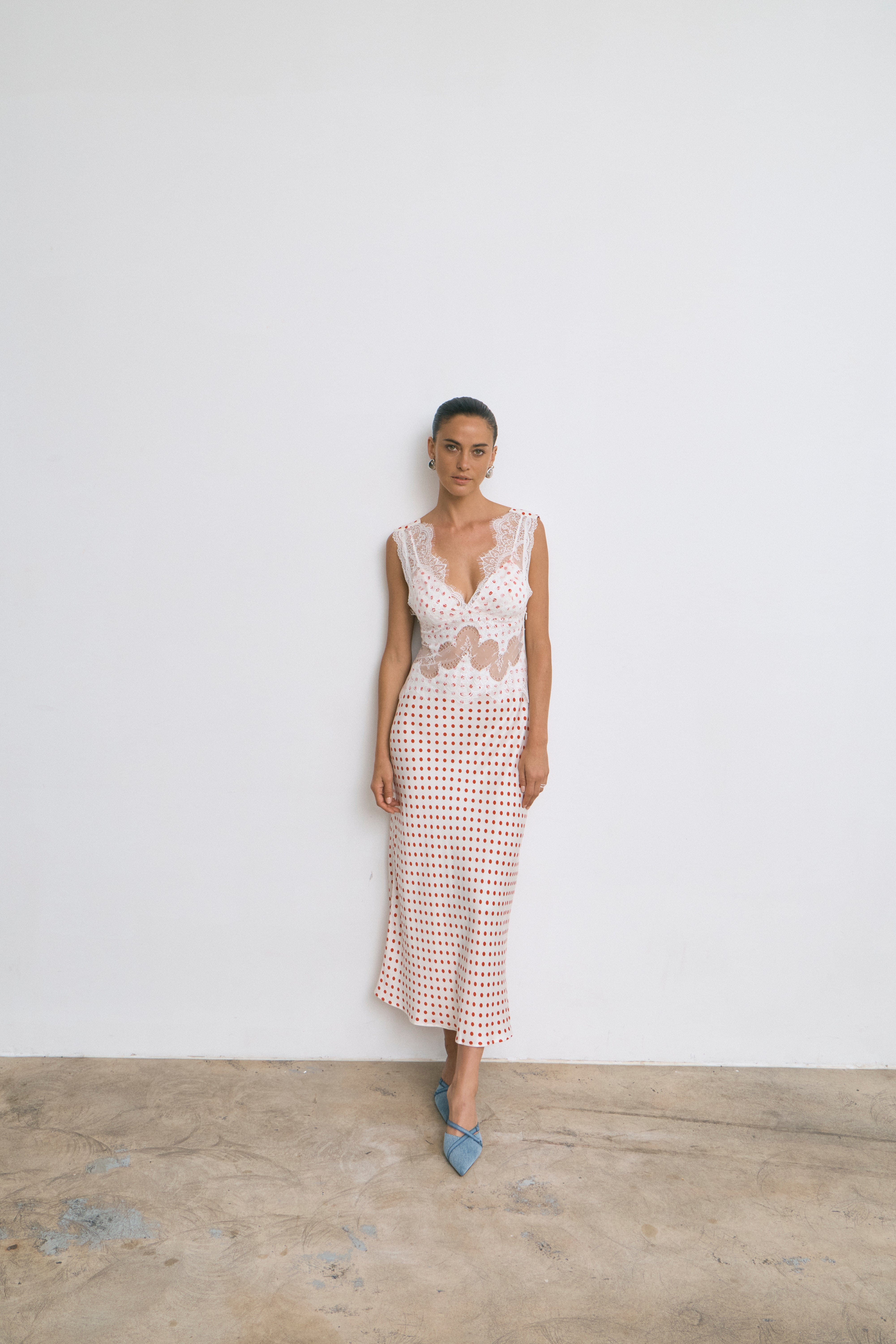 VISIONS LACE DEEP V MAXI DRESS | RED POLKA DOT