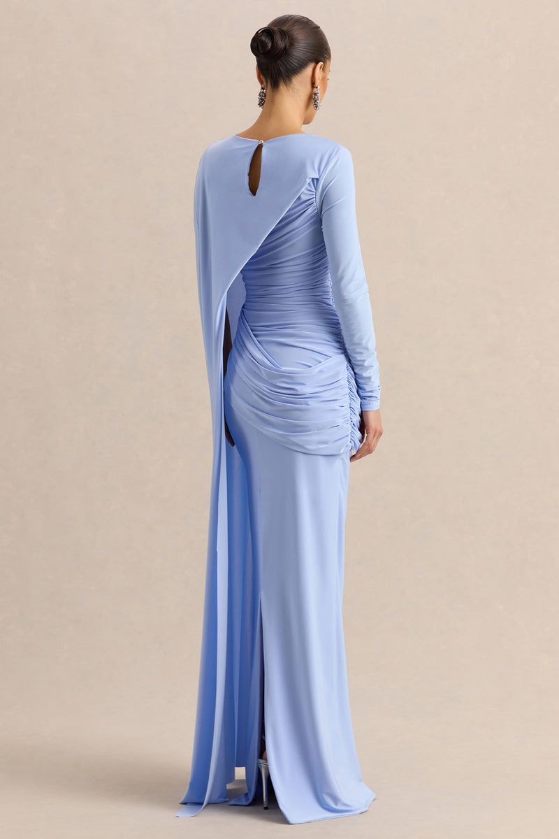 Enestra | Powder Blue High-Neck Lace Maxi-Dress With Draped-Skirt - US 2 / BLUE