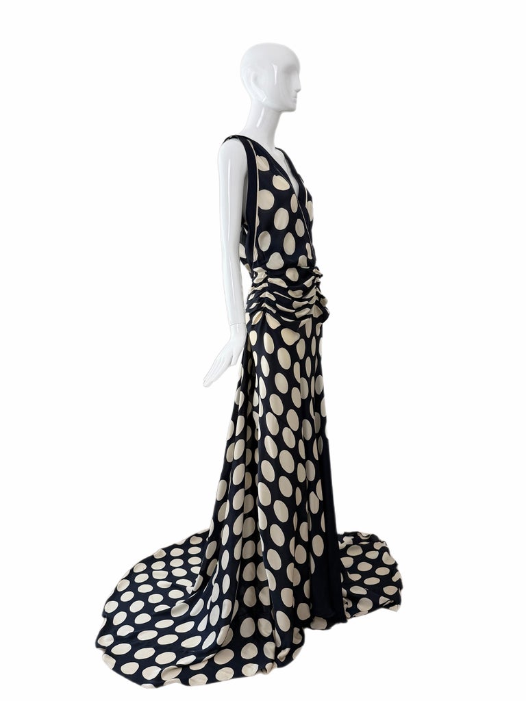 Abito da sera in seta blu notte con pois avorio, collezione Donna Karan 2003