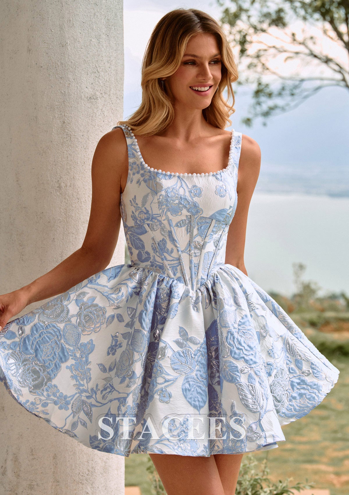 A-line Brocade Mini Homecoming Dress with Pearled Square Neckline Corset