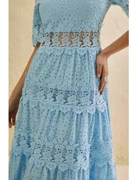 Charming Event Blue Eyelet Lace Tiered Maxi Dress