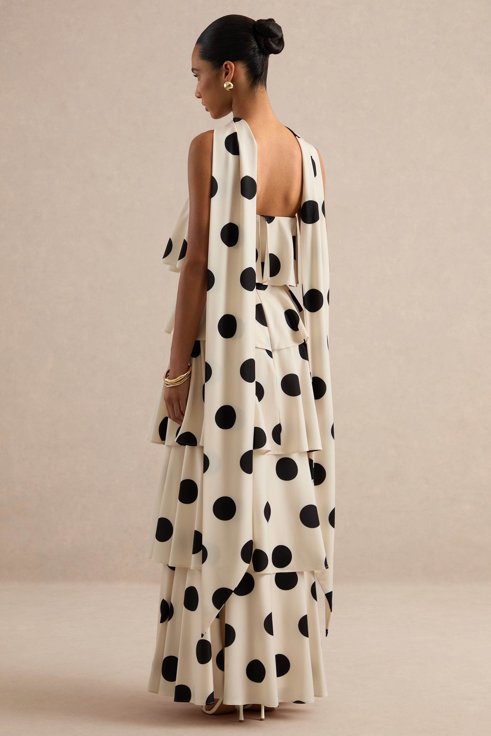 Talise | Cream Polka-Dot Satin Bandeau-Neck Tiered Maxi Dress With Scarf Detail