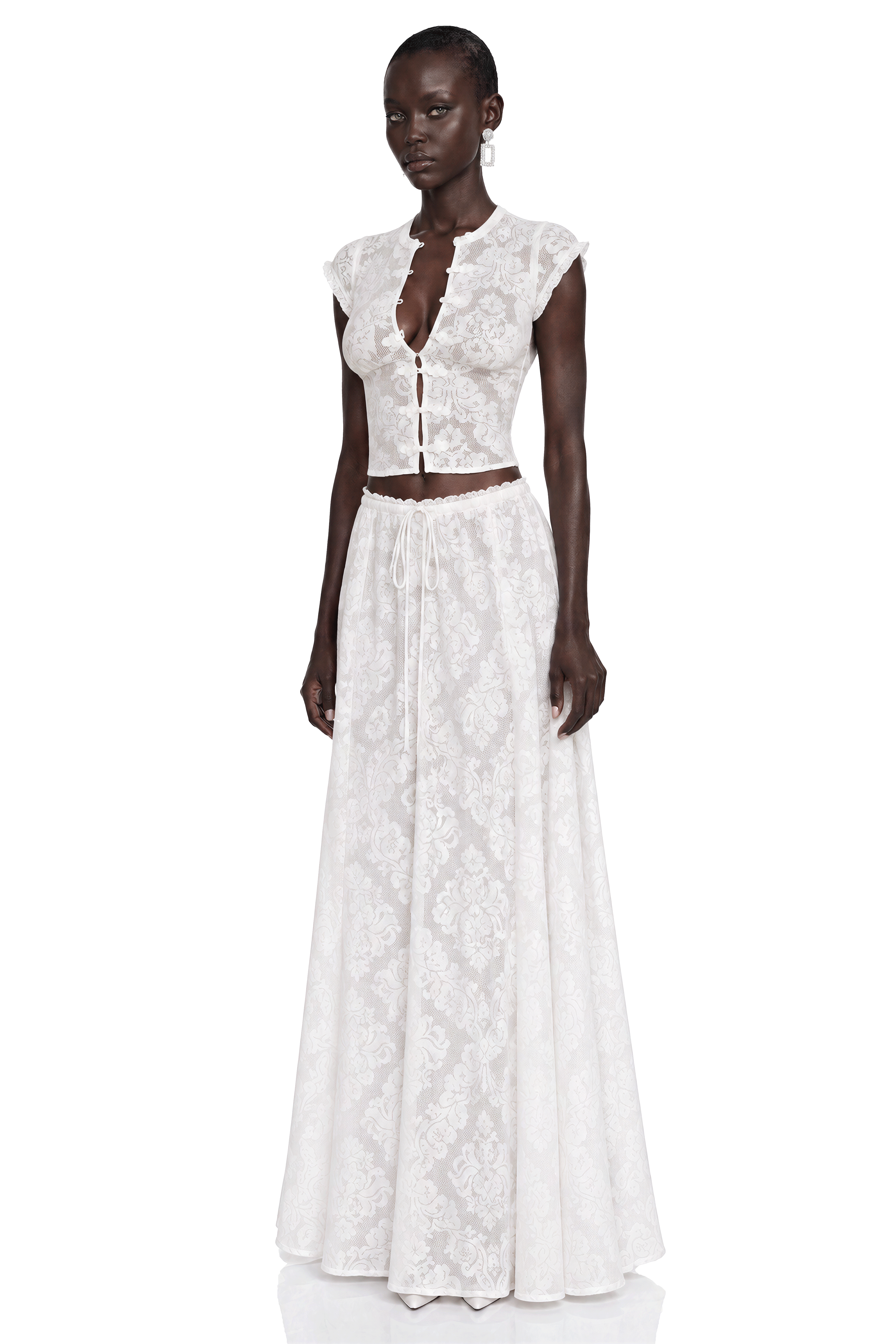 Saskia White Lace Cap Sleeve Top & Maxi Skirt Set