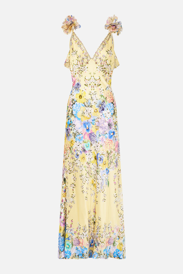 V NECK BIAS SLIP DRESS WITH BACK FRILL DARLING BUDS