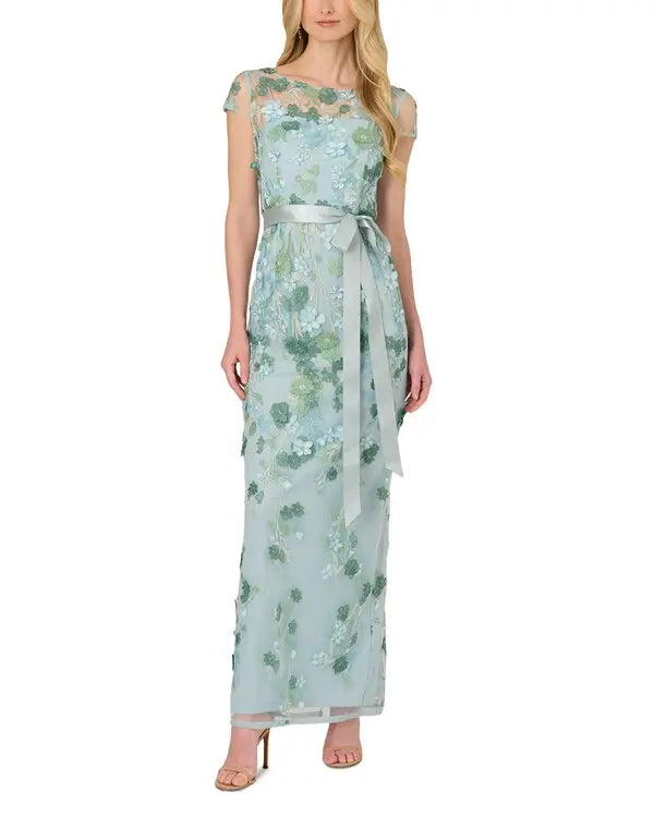 Embroidered Belted Gown - Sage