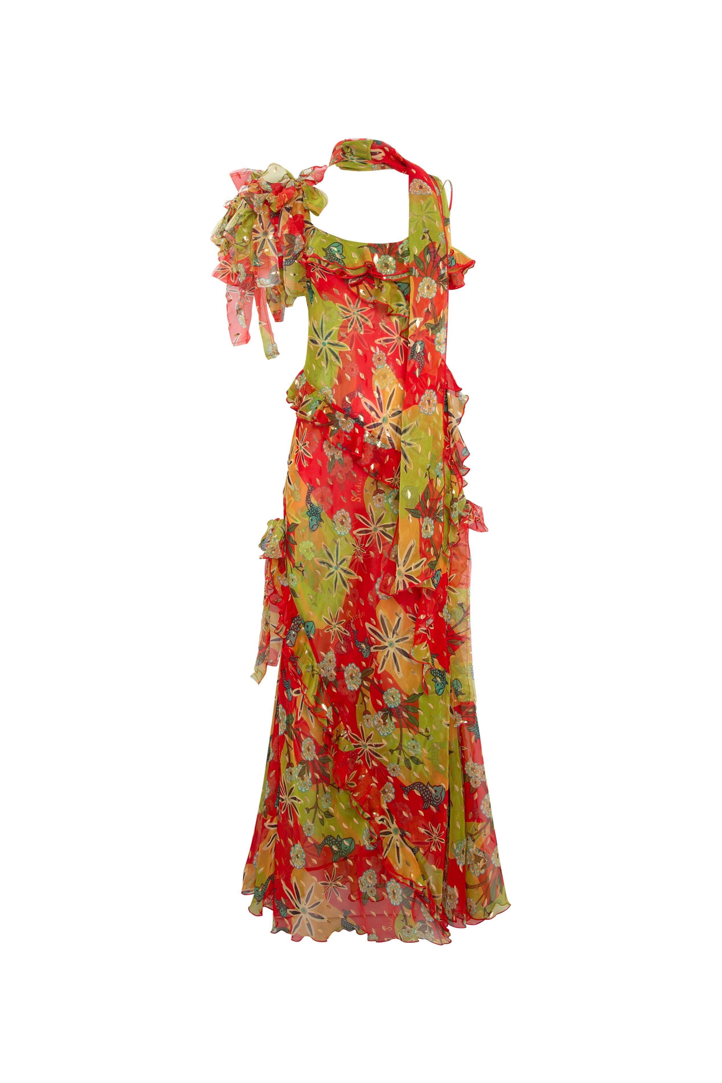 MONICA - Ruffled chiffon maxi dress with scarf detail