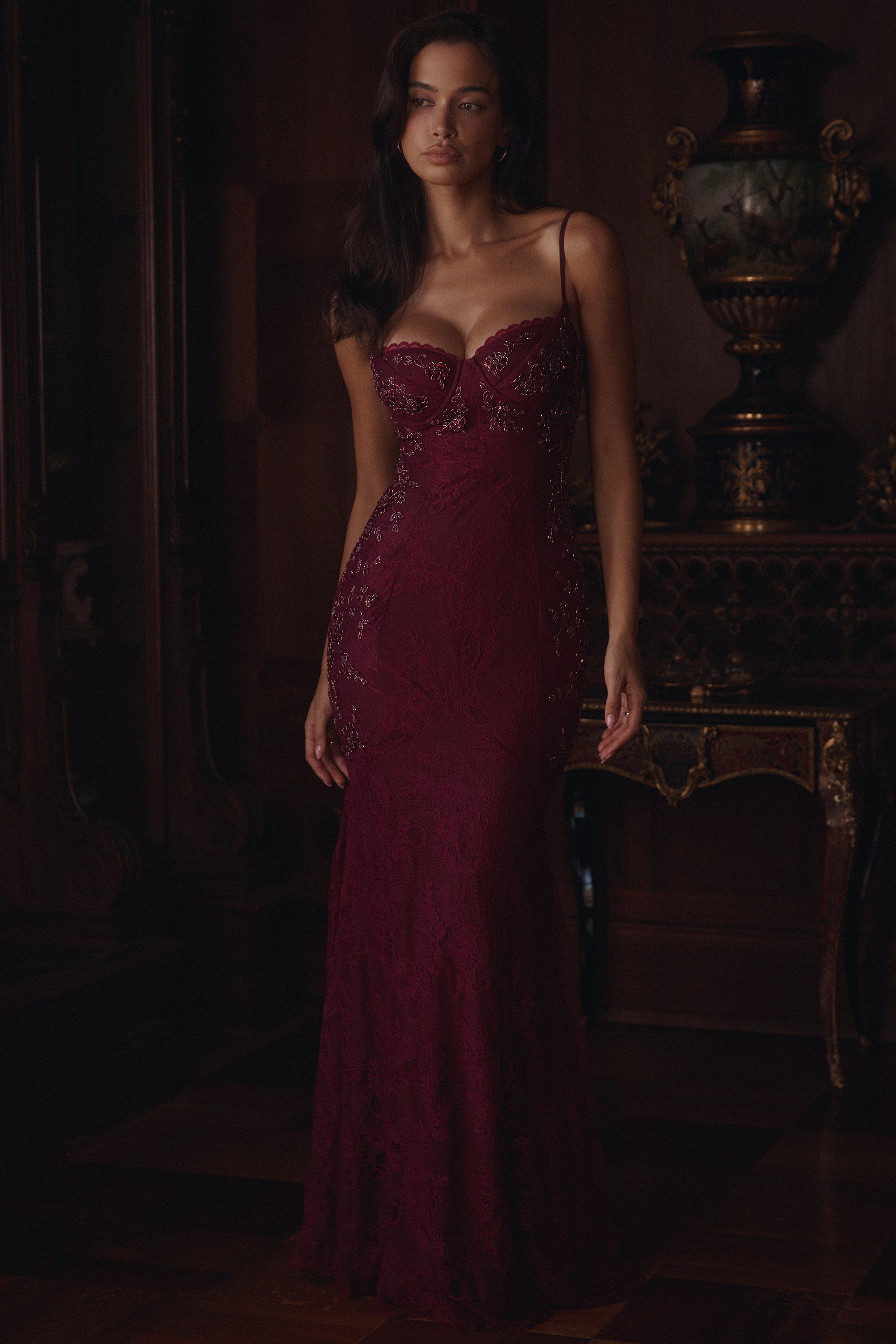 Sephina Cabernet Hand Embellished Lace Maxi Gown - Limited Edition
