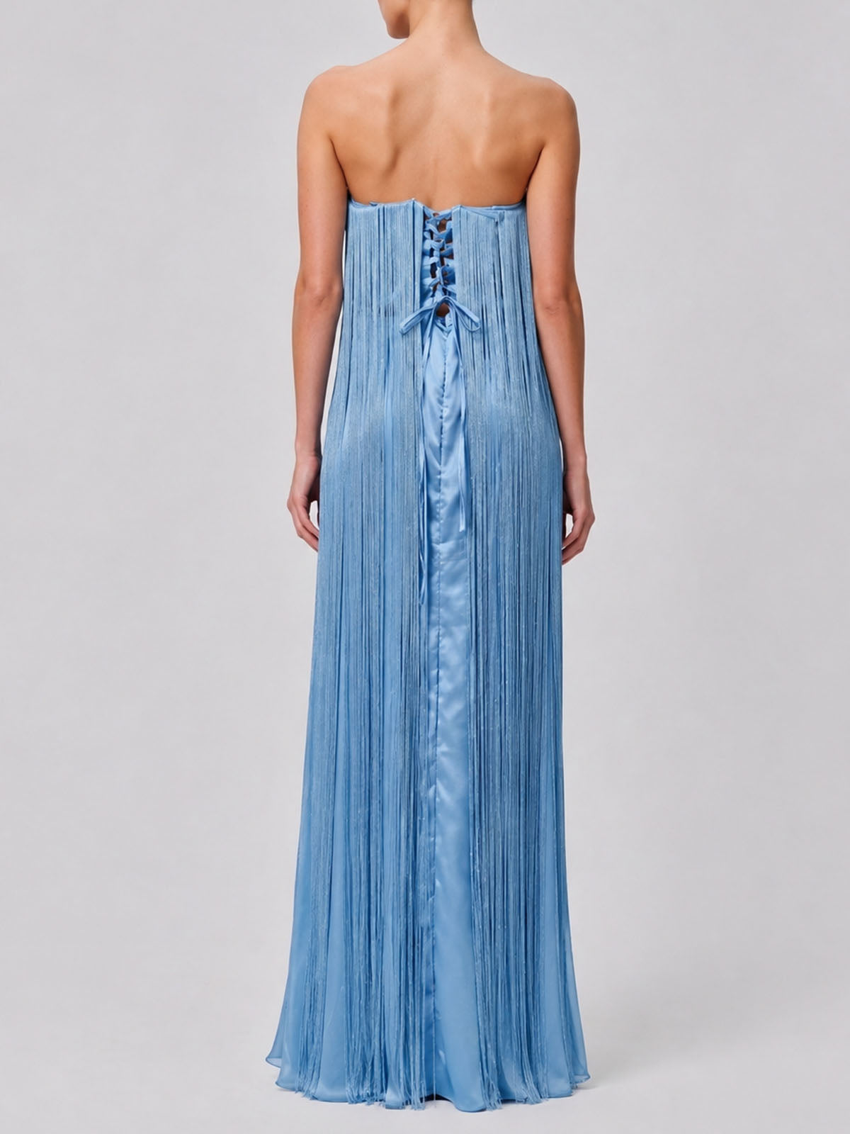 Flowy Fringe Strapless Sheath Silky Satin Prom Maxi Dress - Blue
