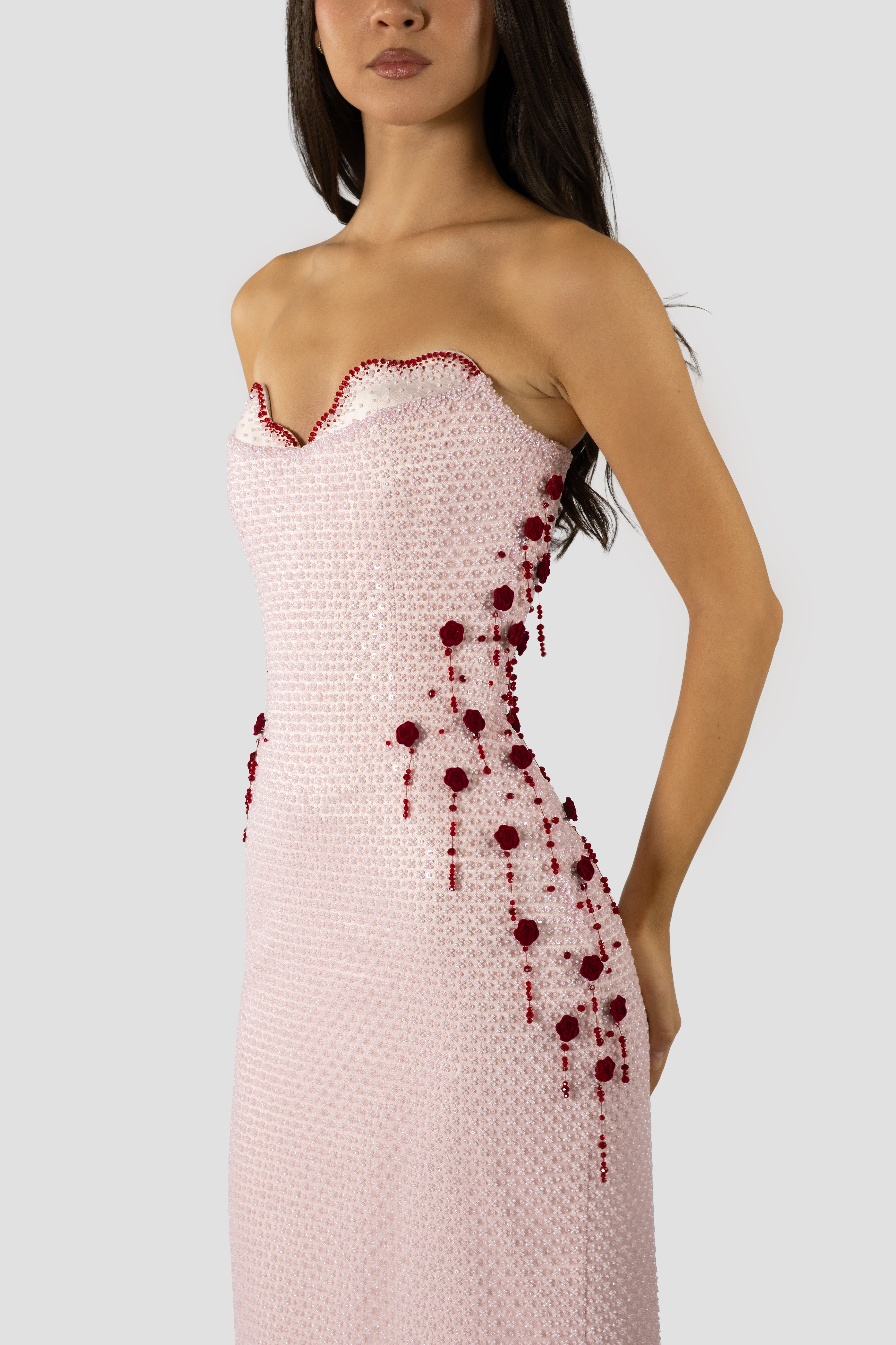 Light Pink And Red Velvet Floral Dress