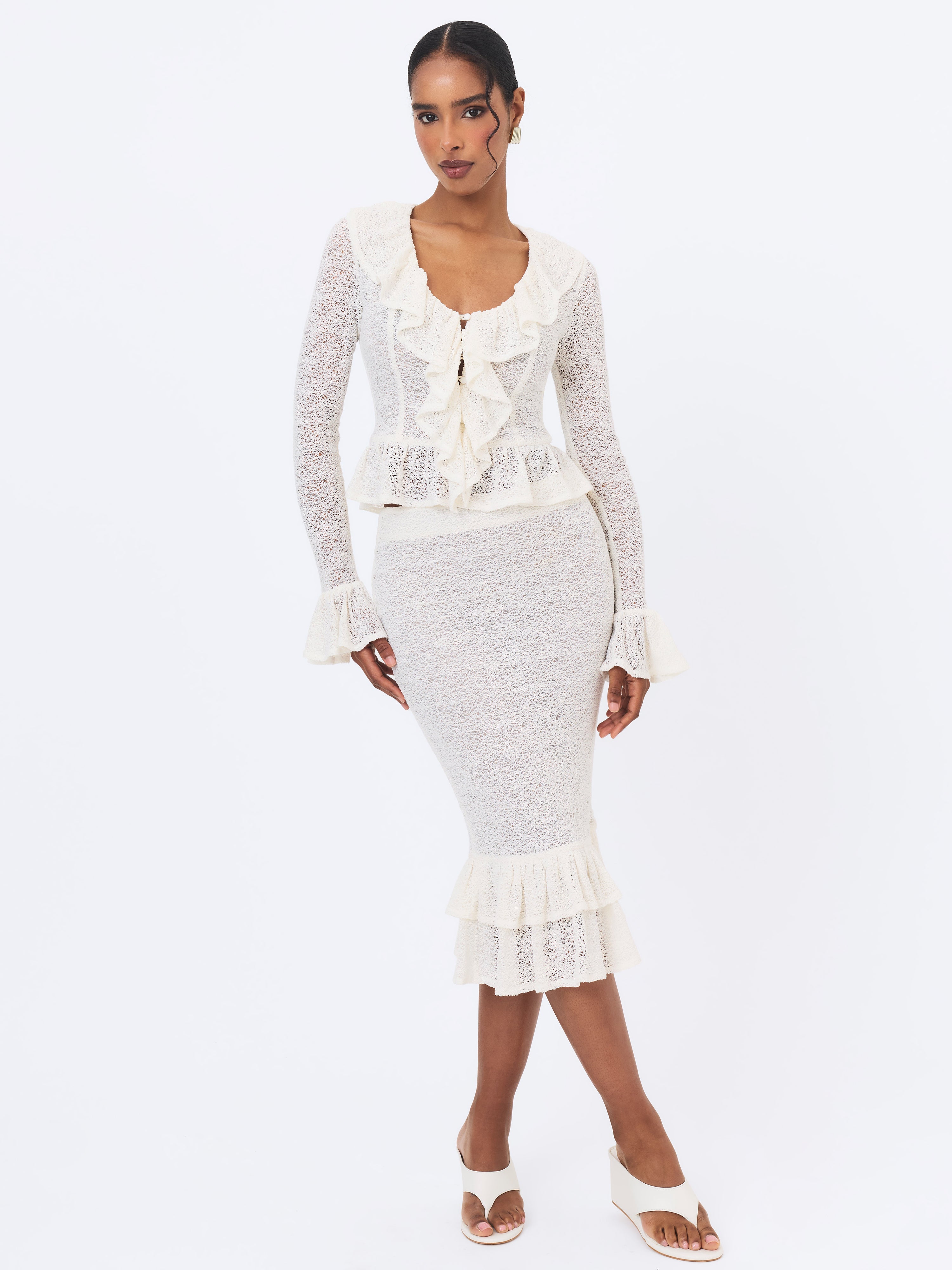 Urvi Ivory Crochet Ruffle Midi Skirt