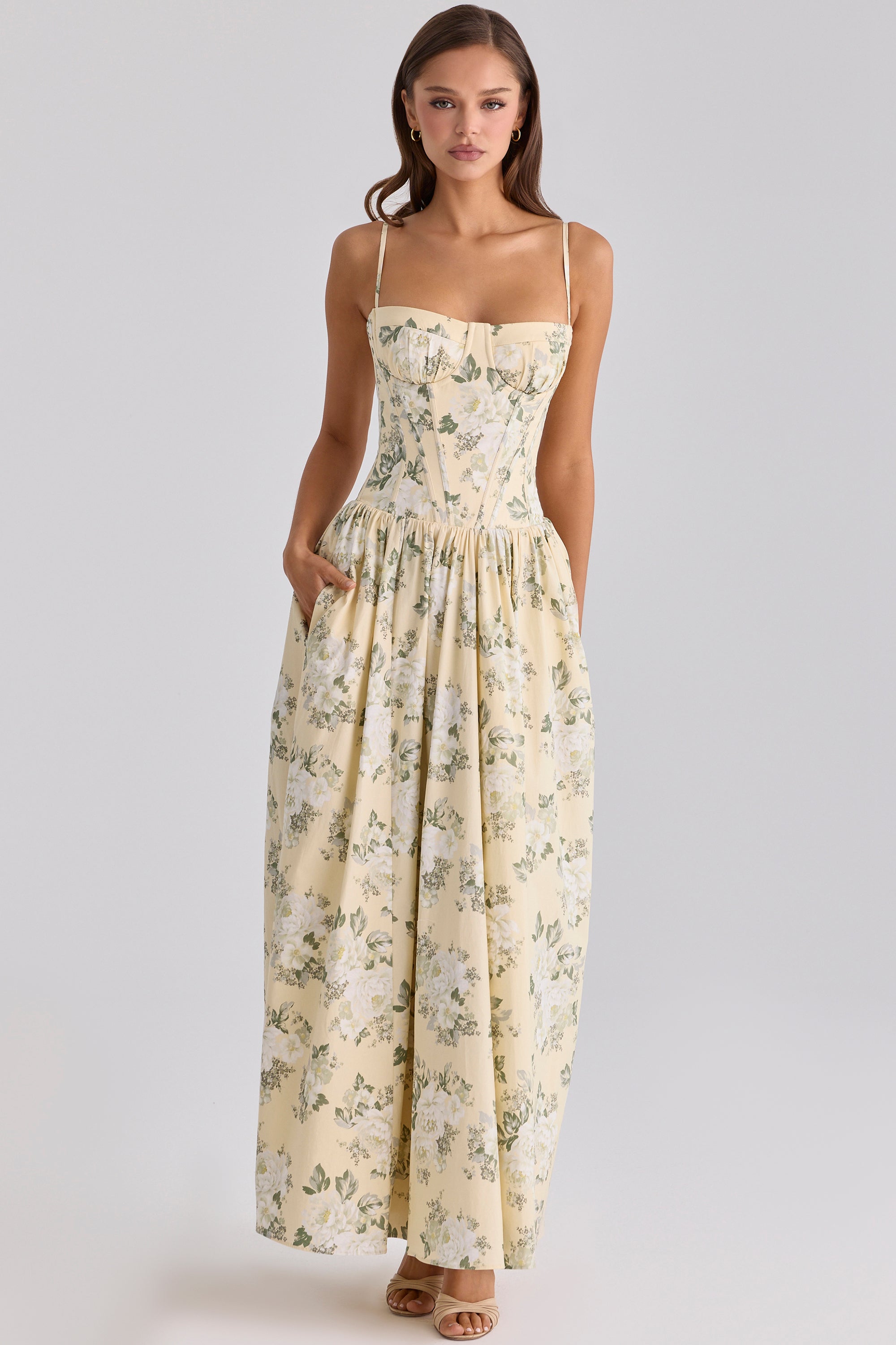Rona Lemon Floral Print Cotton Maxi Dress