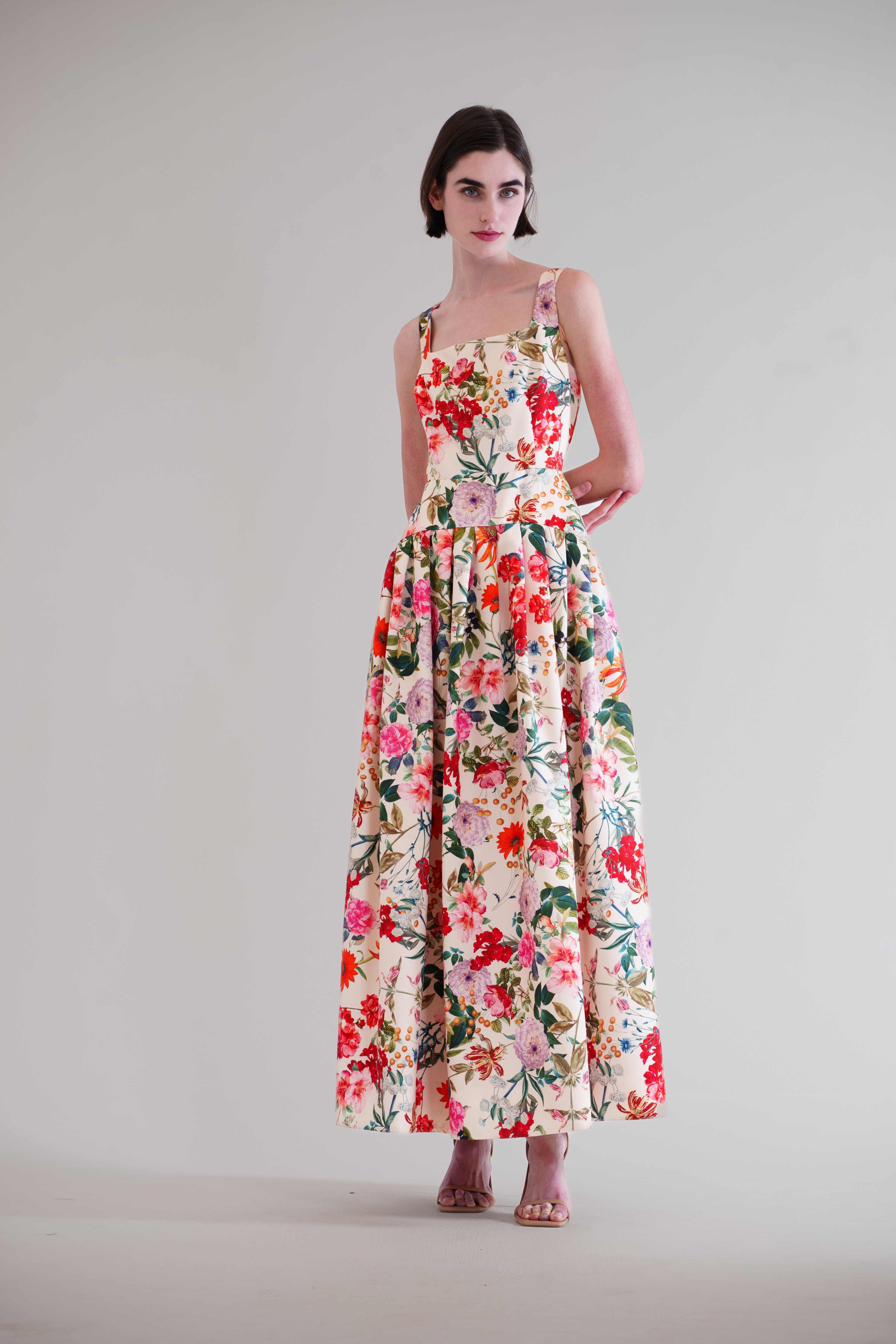 SQUARE NECK DROP WAIST W PLEATED LONG DRESS