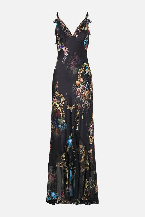 V NECK SLIP DRESS WITH FLOUNCE HEM NIGHT GARDEN