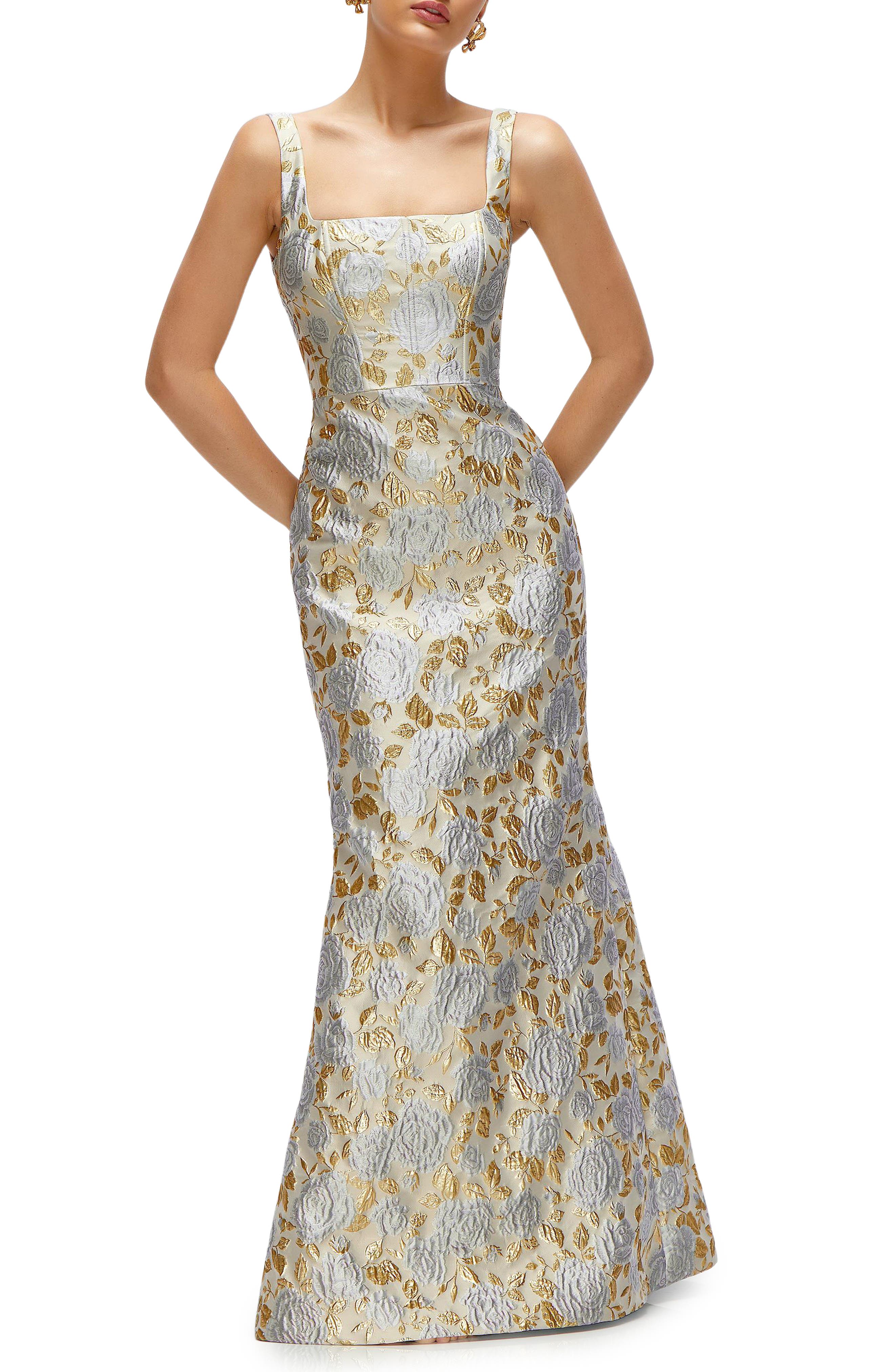 Metallic Floral Brocade Trumpet Gown
