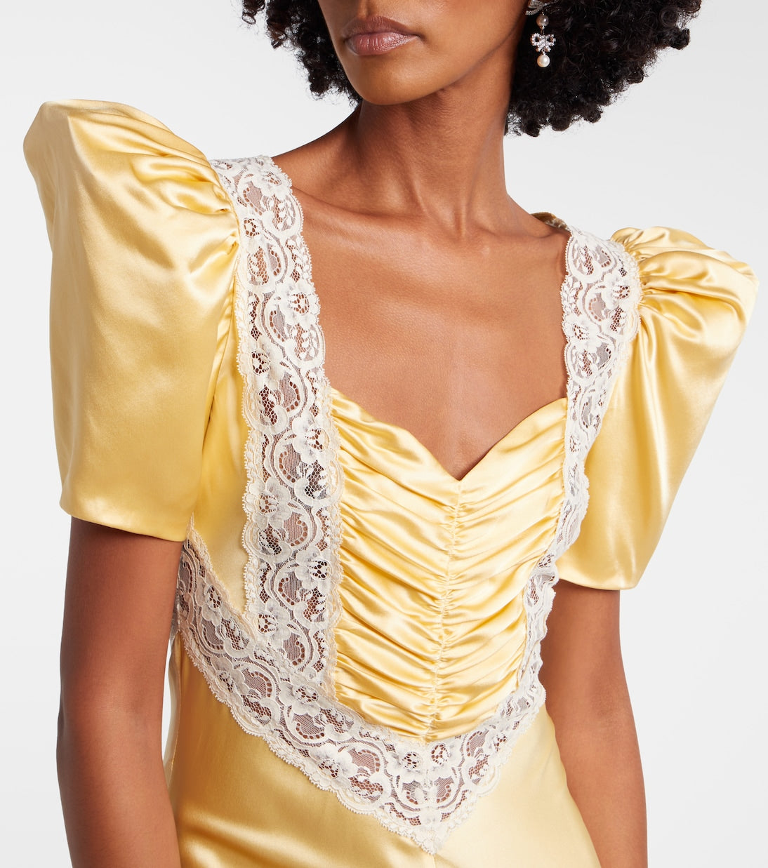 Lace-trimmed ruched silk satin maxi dress