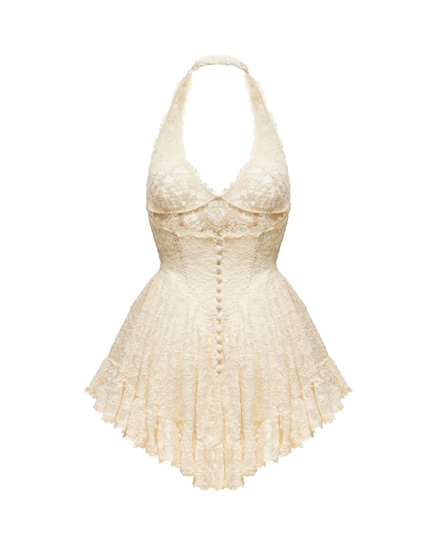 Ivory Plunging Halter Lace Mini Dress