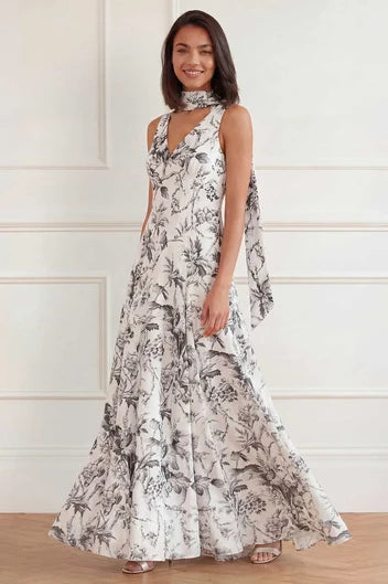 Marie Toile De Jouy Jacquard V-Neck Gown