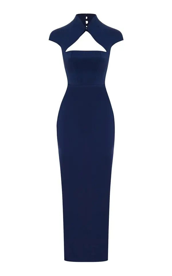 Collared Satin Midi Dress - Navy