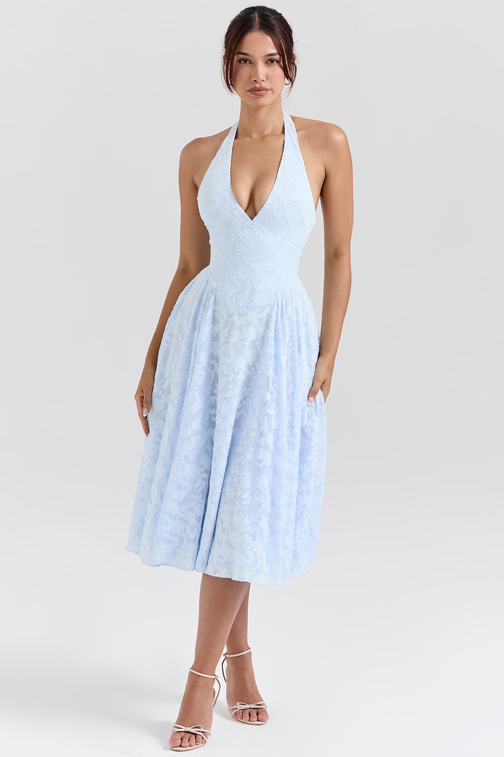 Arietta Bluebell Floral Jacquard Halter Midi Dress