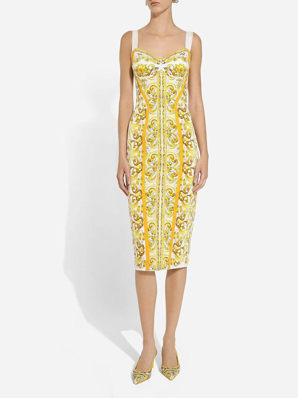 Dolce & Gabbana Maiolica Print Silk Charmeuse Bustier Dress: - Yellow & Orange / 40