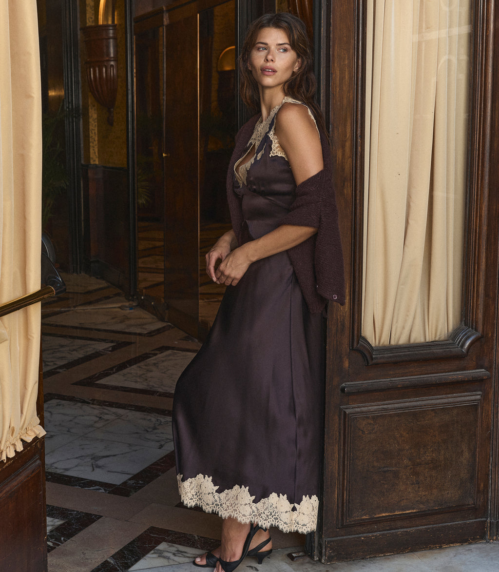 JULITTA DRESS -- EQUESTRIAN BROWN WITH CREAM LACE