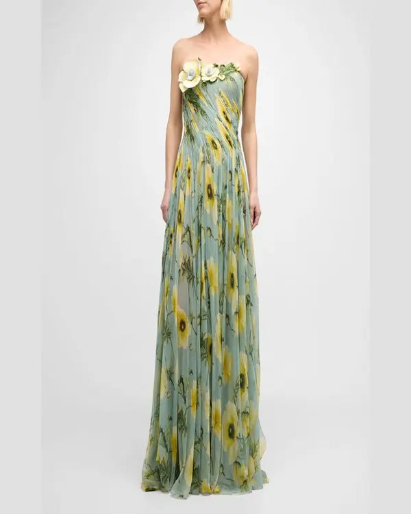 Draped Poppies Chiffon Gown