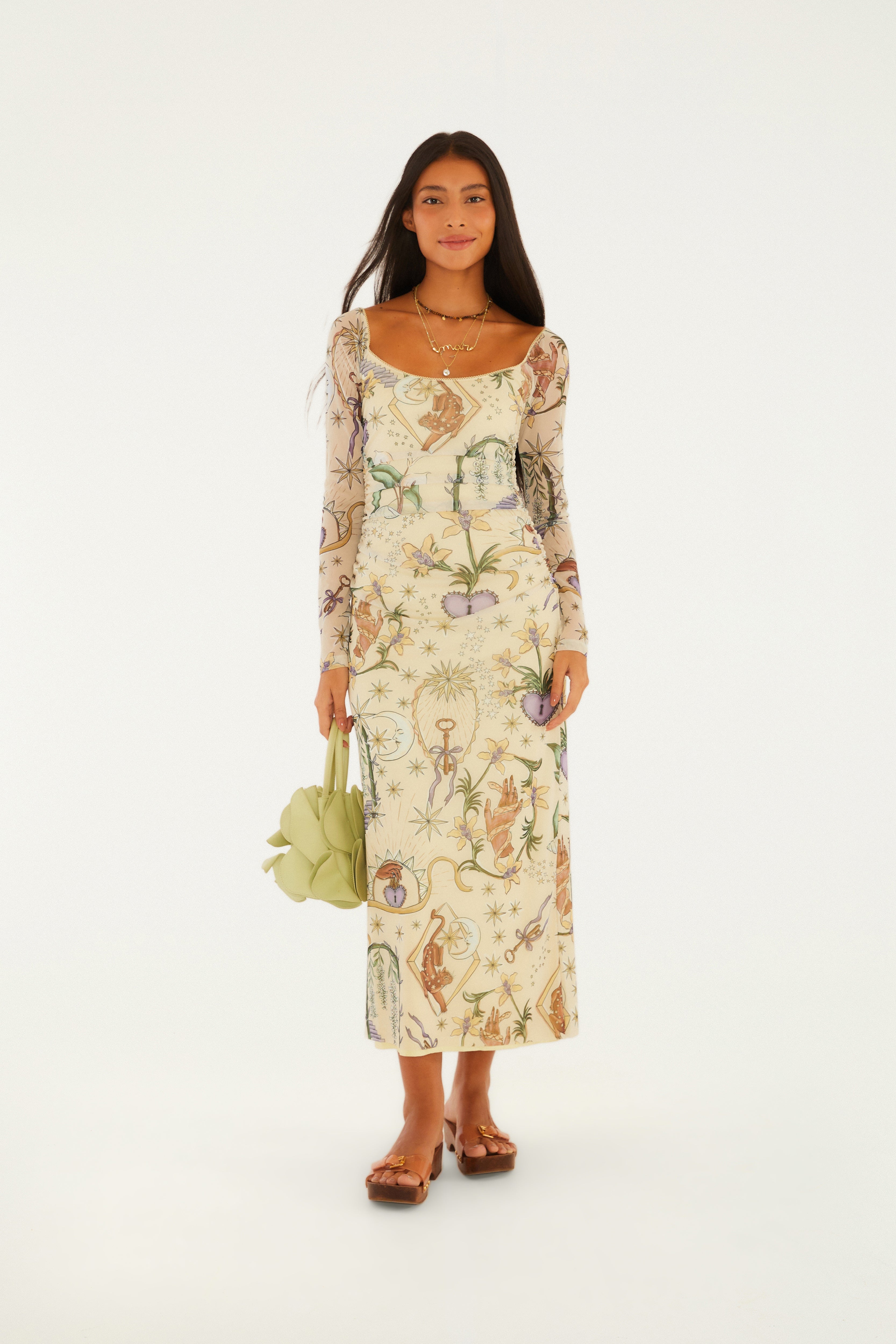 Vestido Tule Estampado Tropical Místico