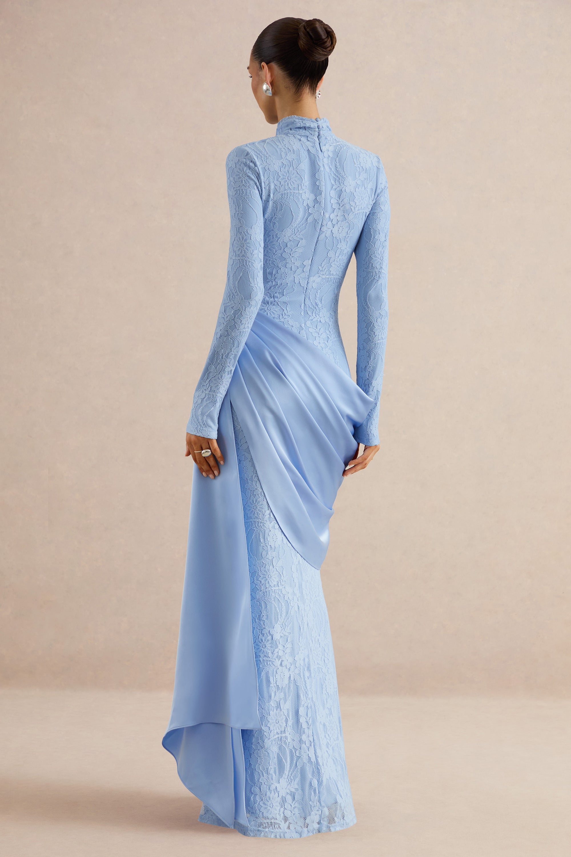 Enestra | Powder Blue High-Neck Lace Maxi-Dress With Draped-Skirt - US 2 / BLUE
