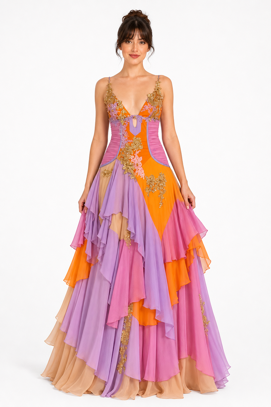 Layered embroidered gown