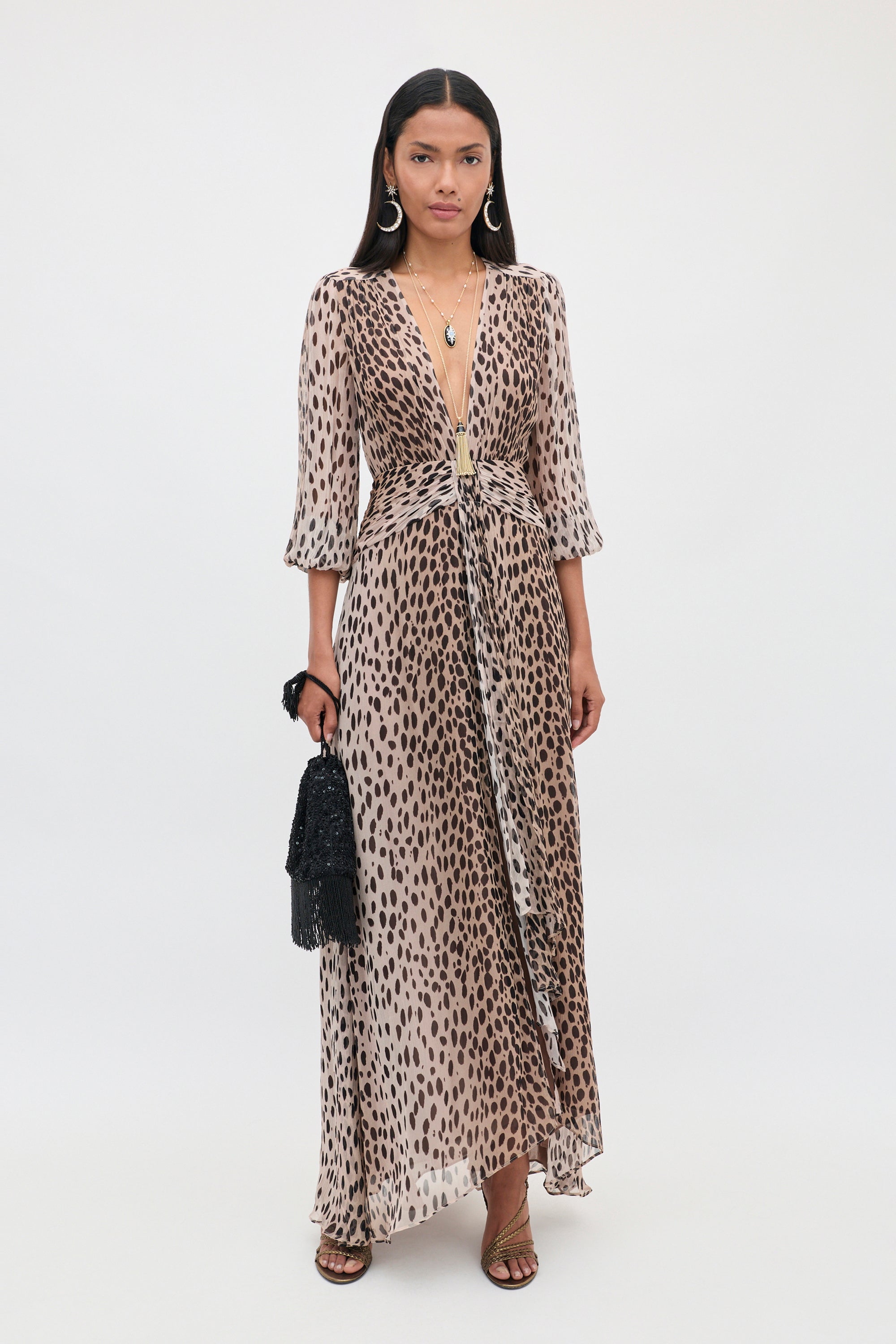 Meera Chiffon Gown in Brown Antelope Spot Black