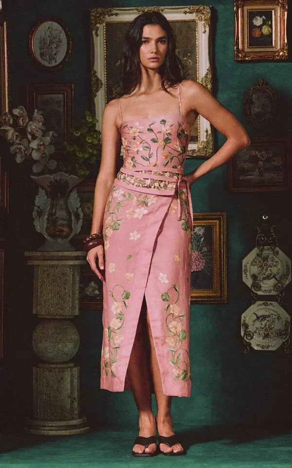 Linen Floral Wrap Maxi Skirt