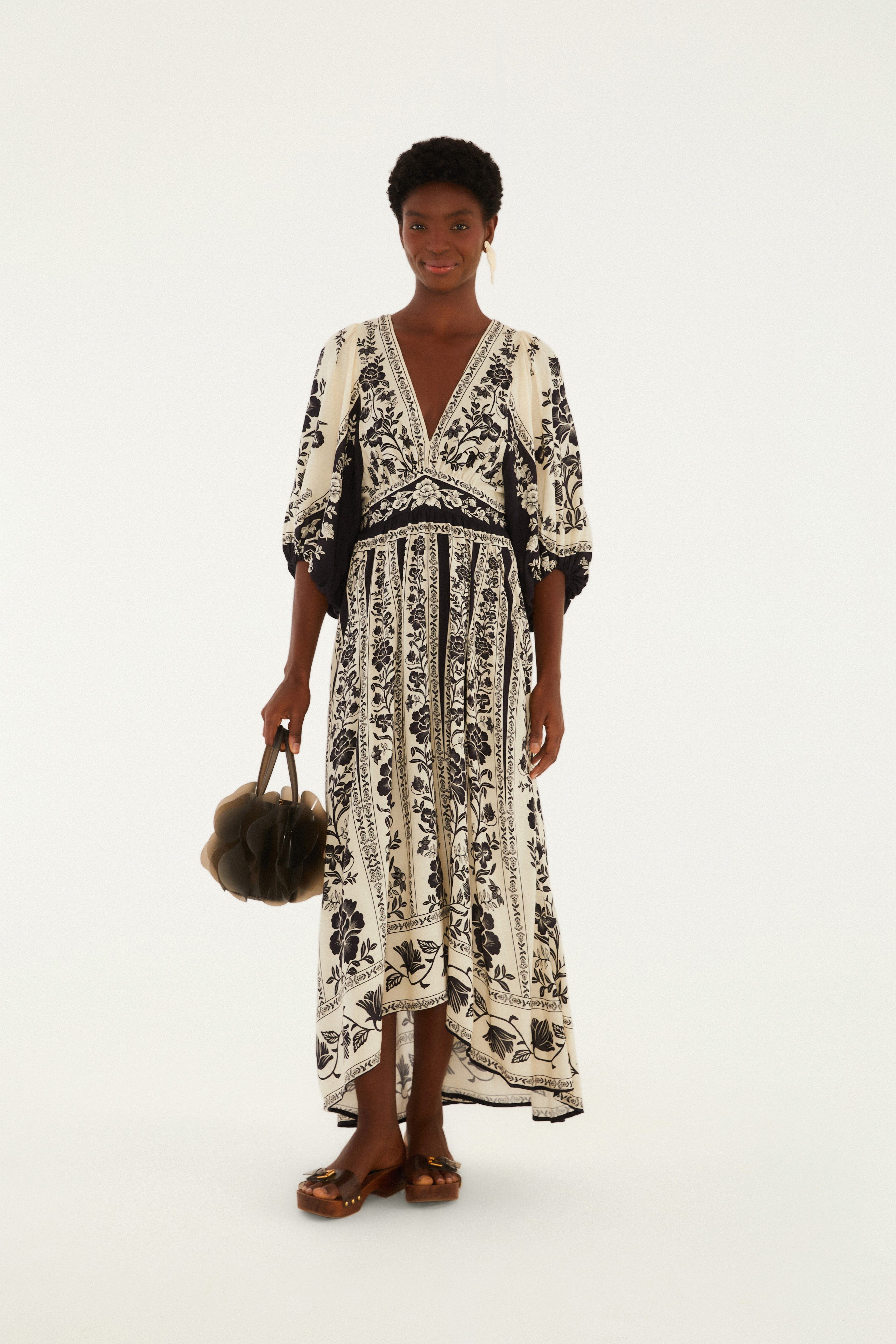 Vestido Longo Manga Estampado Floral Delicado