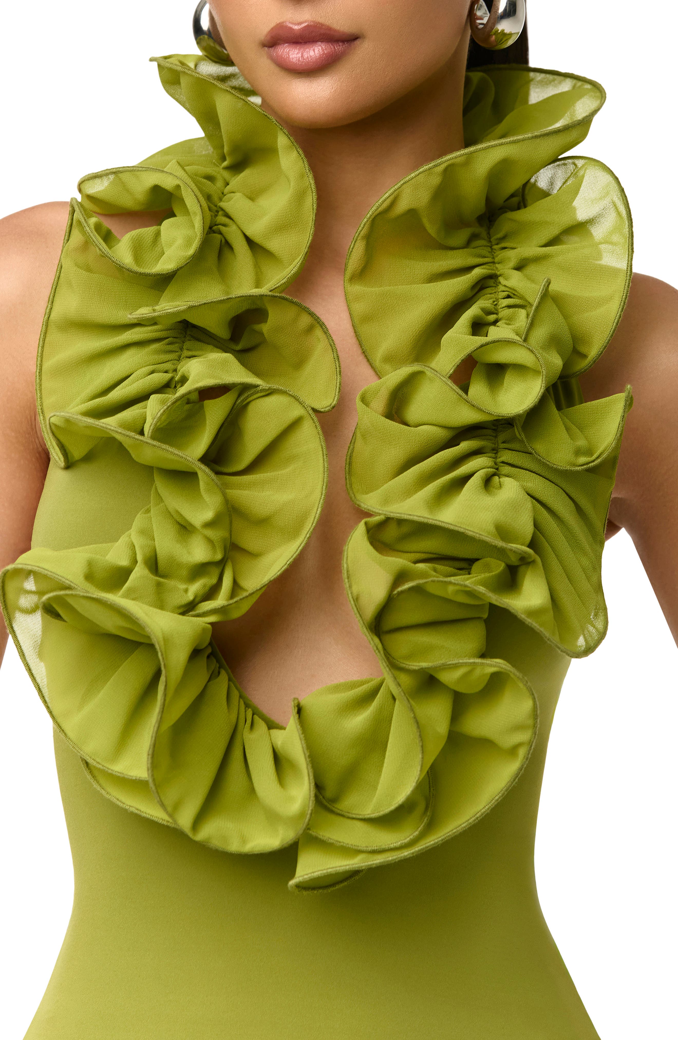 Ruffle Plunge Halter Maxi Dress