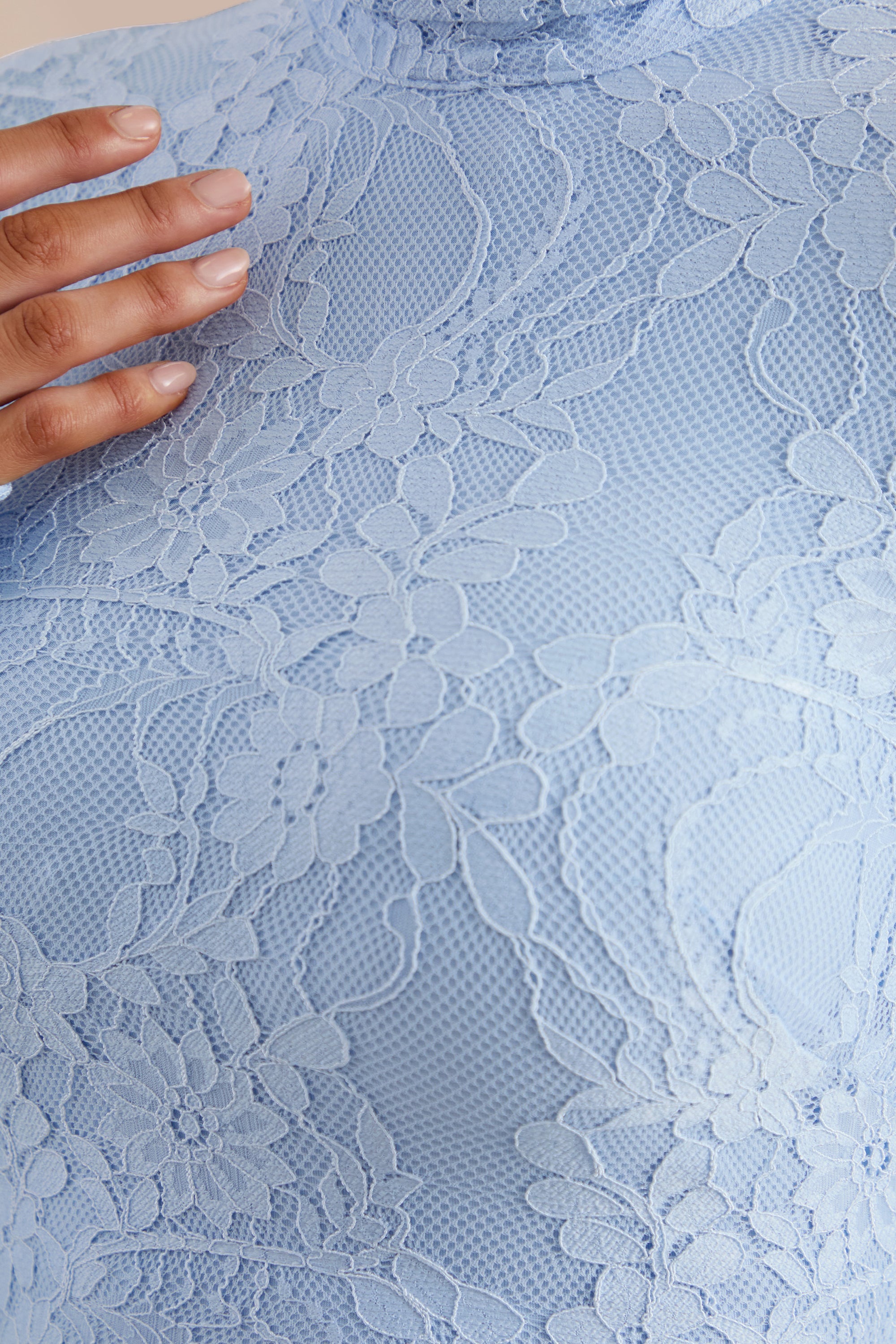 Enestra | Powder Blue High-Neck Lace Maxi-Dress With Draped-Skirt - US 2 / BLUE