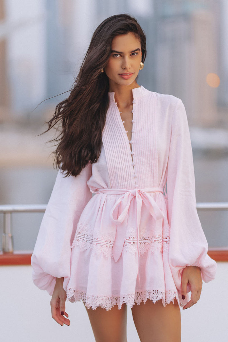 AURELIE LACE TRIM LINEN MINI DRESS - PINK - XS/S