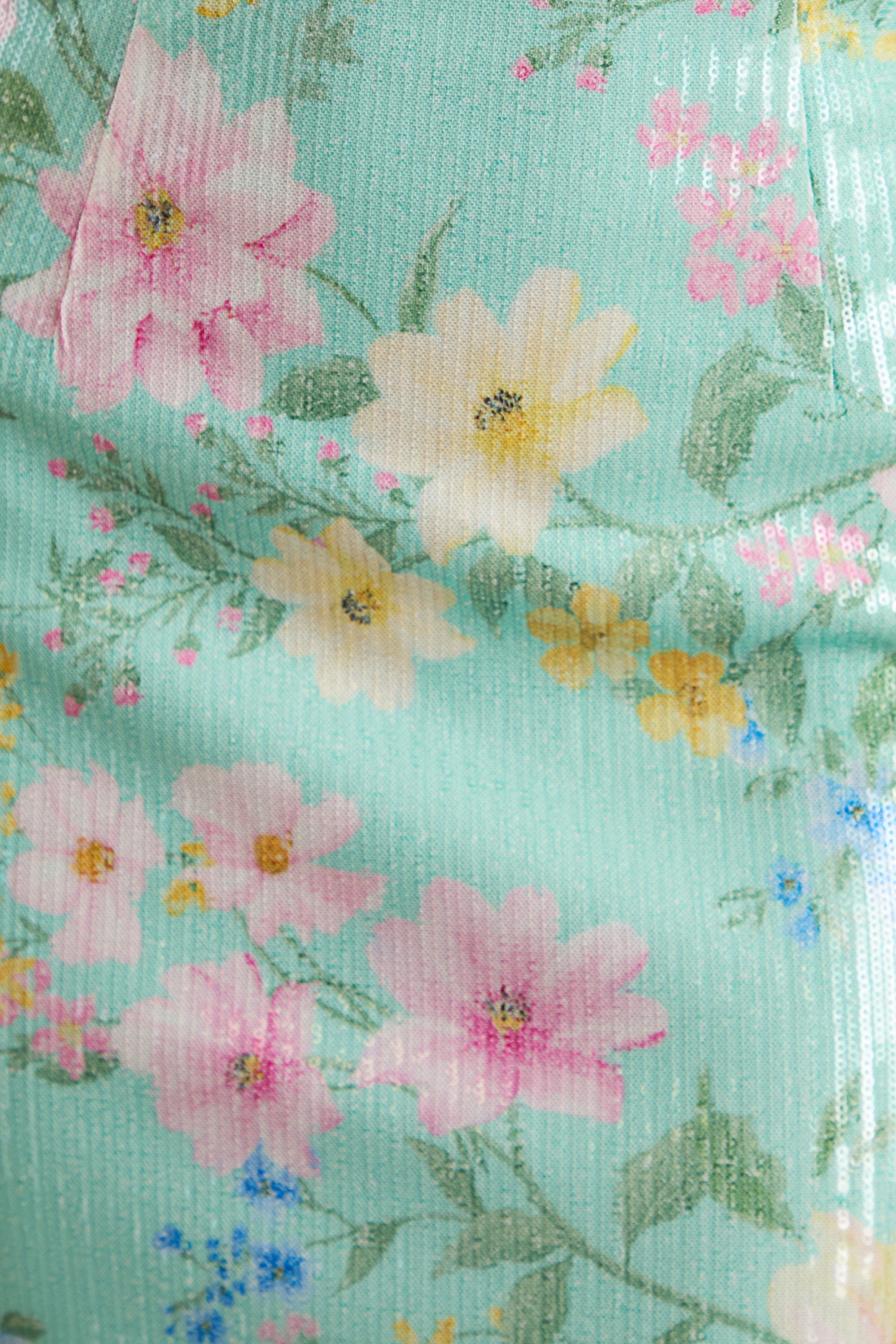 Danette | Mint Floral Print Sequin Square-Neck Maxi Dress