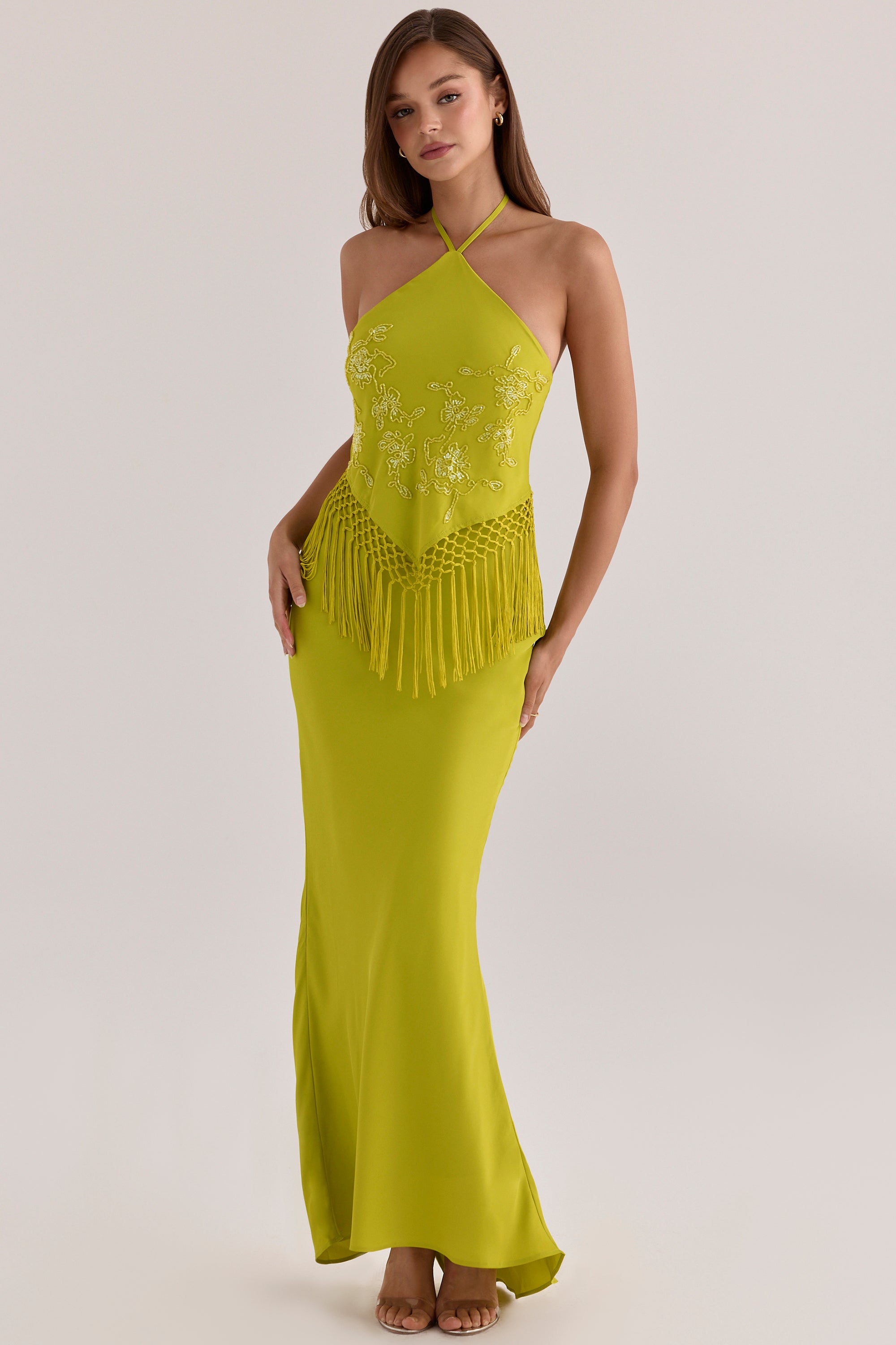 Sareena Chartreuse Satin Custom Embellished Fringed Maxi Dress - Limited Edition