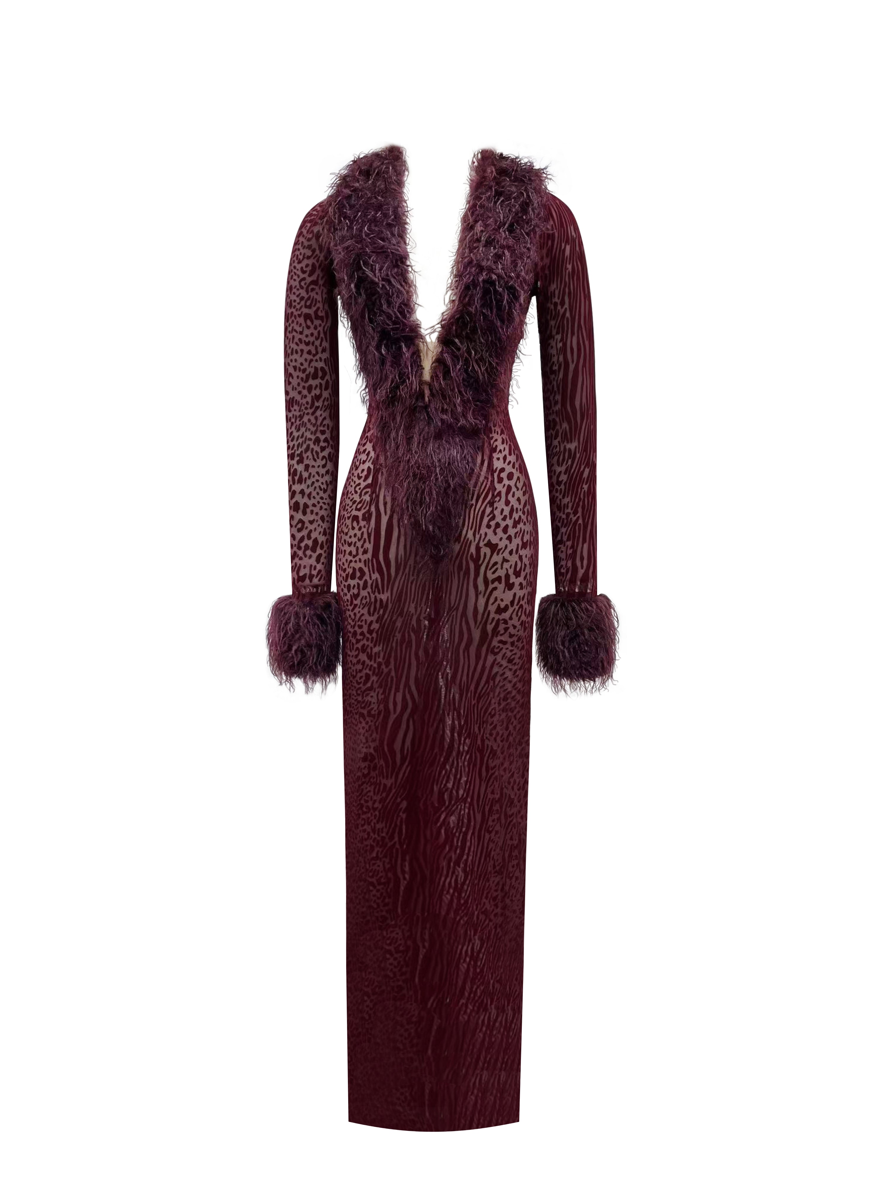 Luana Burgundy Plunging Fur Trimmed Burnout Mesh Maxi Dress