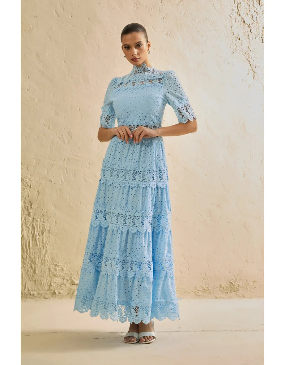Charming Event Blue Eyelet Lace Tiered Maxi Dress