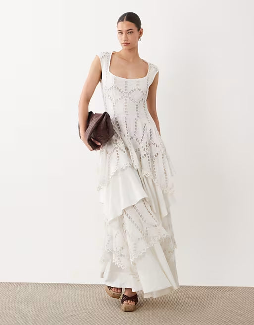 embroidered maxi dress with layered skirt in white