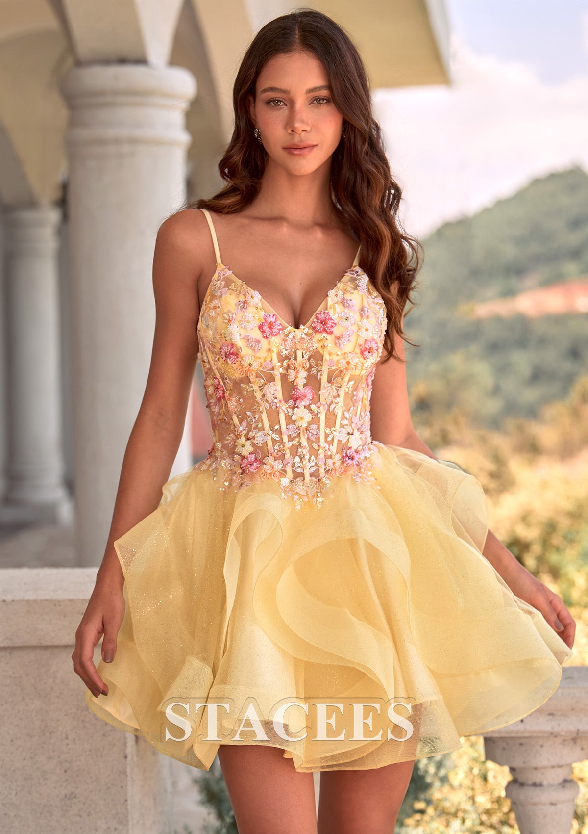 A-line Tiered Ruffle Homecoming Dress with Floral Applique Corset