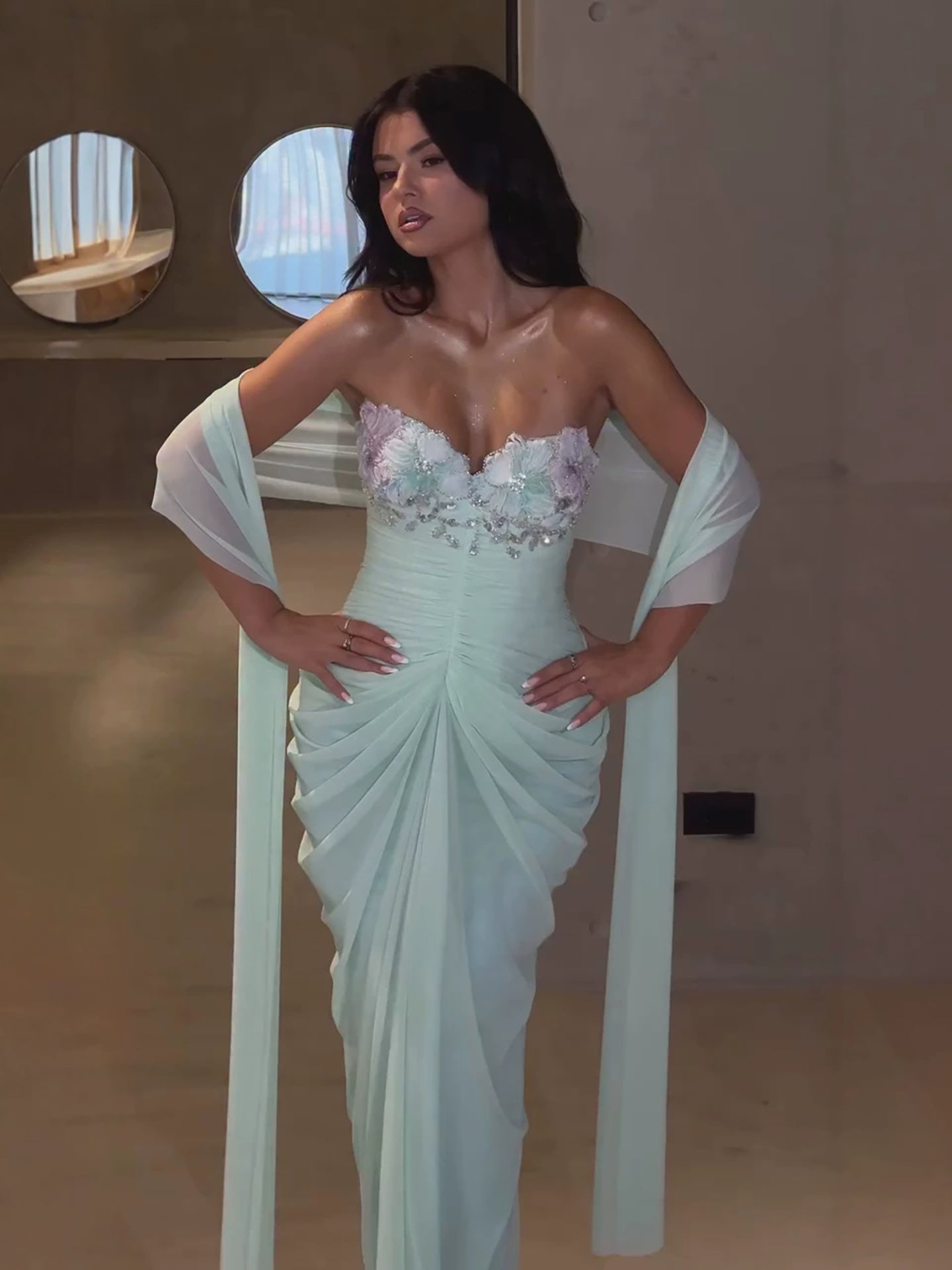 Luxury Sage Green Crystal Floral Mermaid Evening Dress LA73962 - sage green