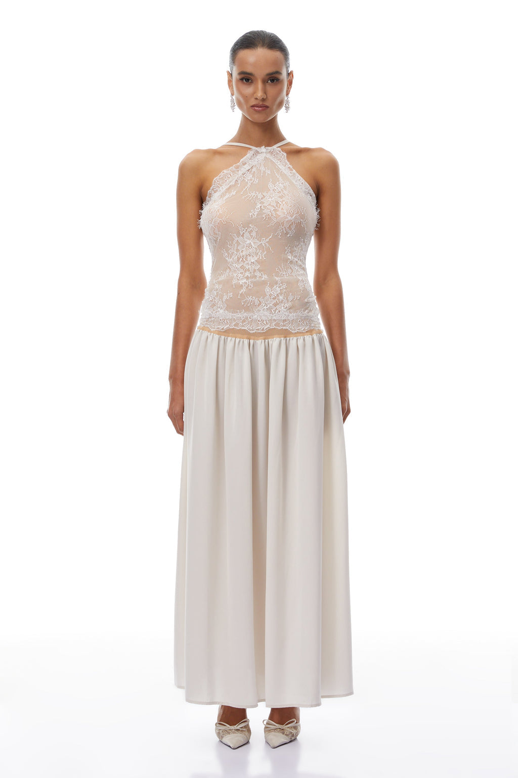 Reine White Pleated Maxi Dress with Lace Panels - XS / White