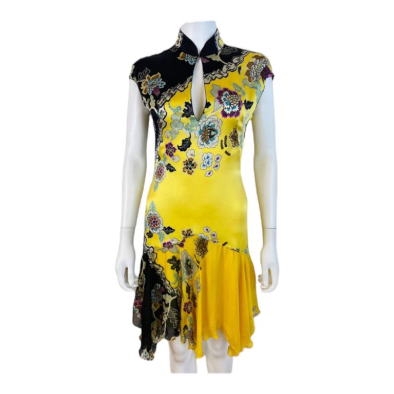 Vintage Roberto Cavalli P/E 2003 Mini Abito in Seta Floreale Giallo Chinoiserie