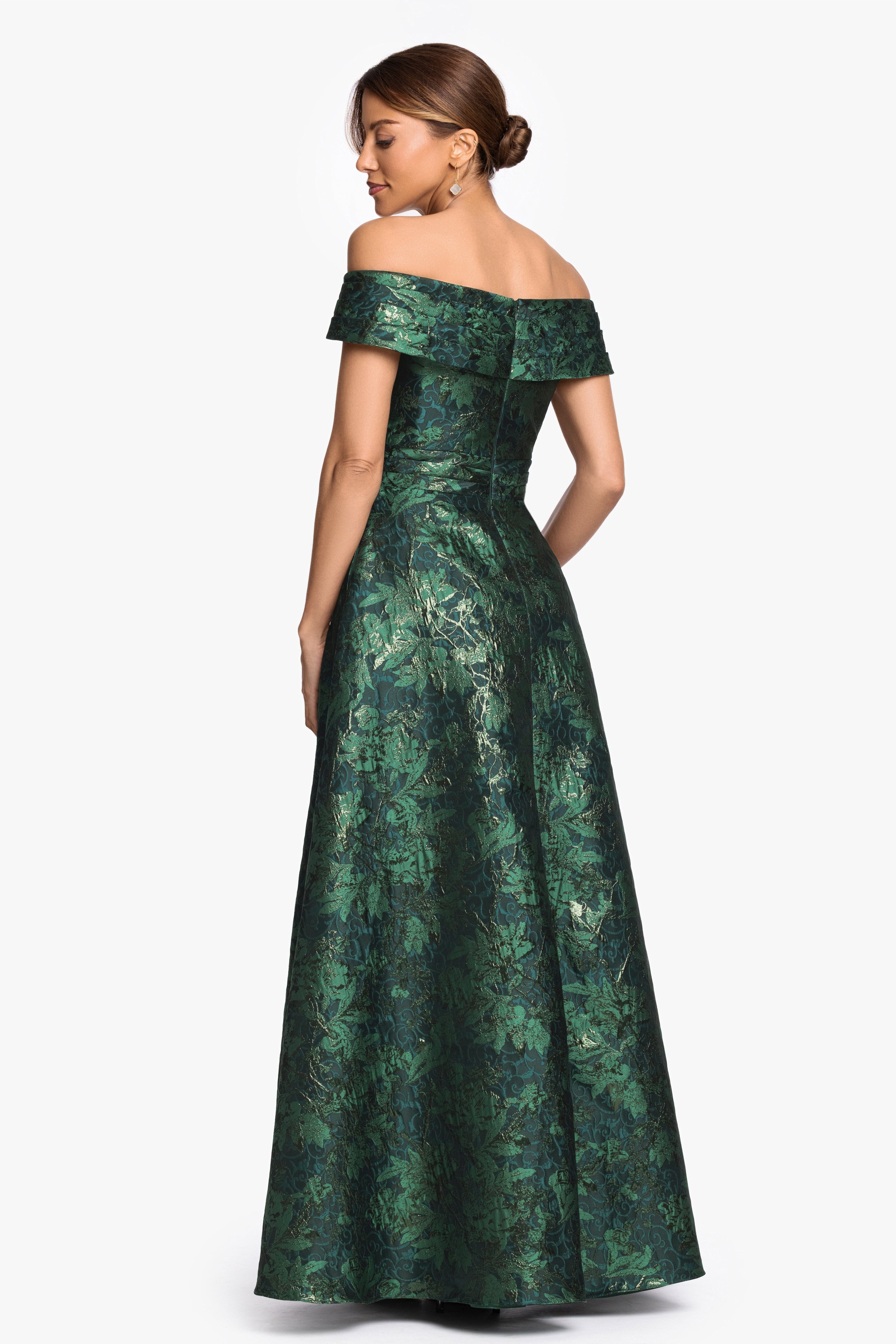 "Esther" Printed Brocade Off The Shoulder Gown