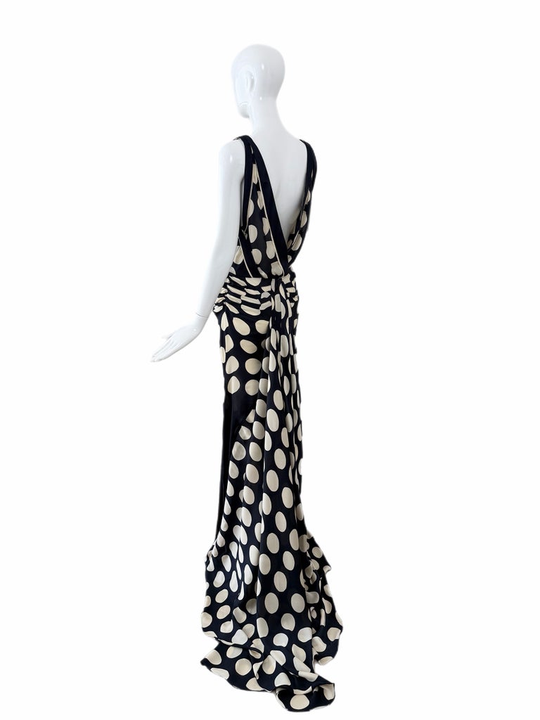 Abito da sera in seta blu notte con pois avorio, collezione Donna Karan 2003