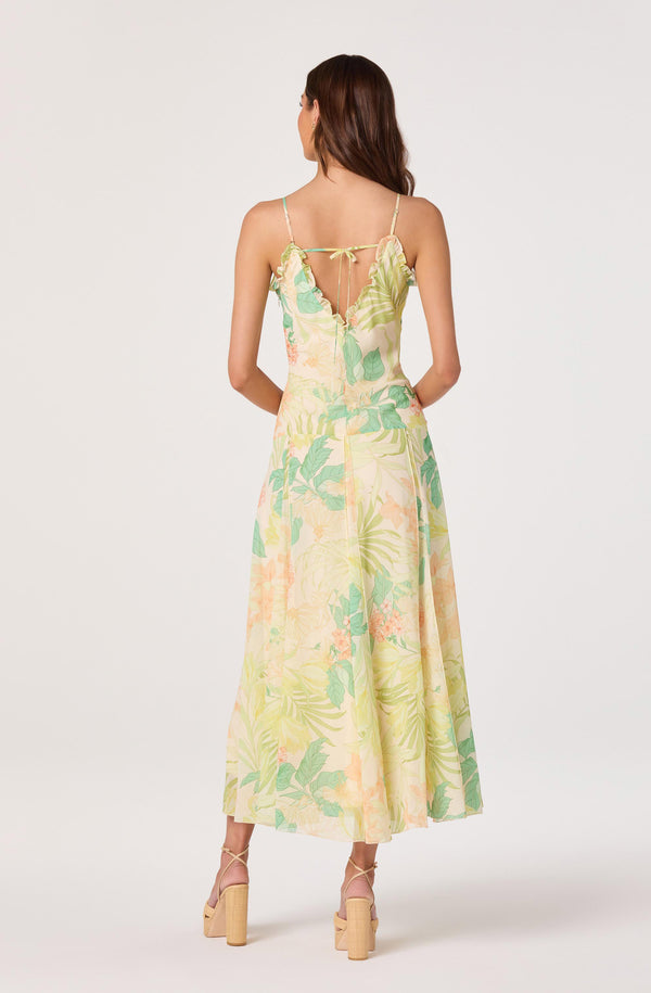 Hana Ruffle Trim Chiffon Maxi Dress - Green peach tropical