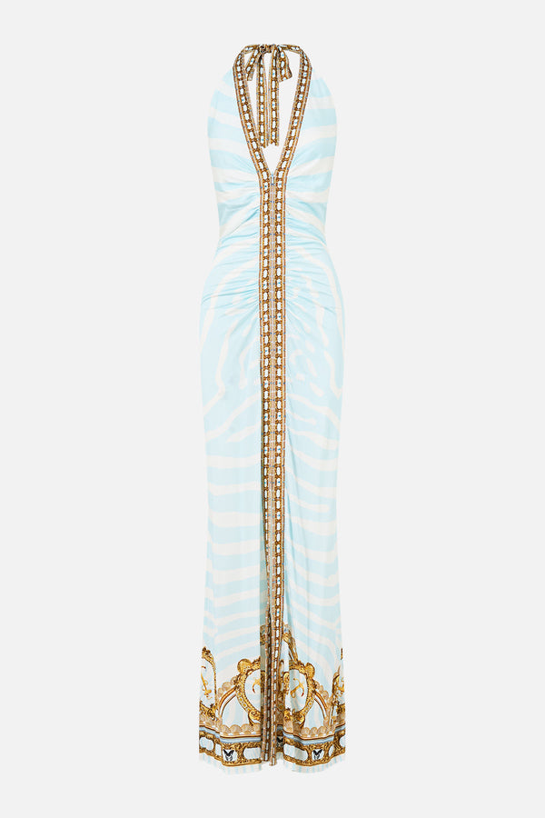 RUCHED FRONT HALTER DRESS SPIRIT OF STRIPES
