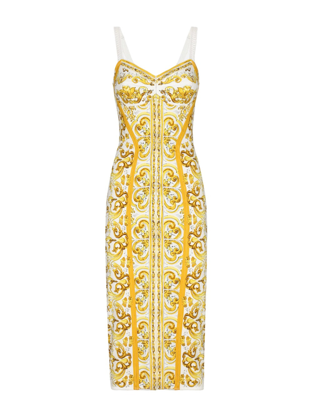 Dolce & Gabbana Maiolica Print Silk Charmeuse Bustier Dress: - Yellow & Orange / 40