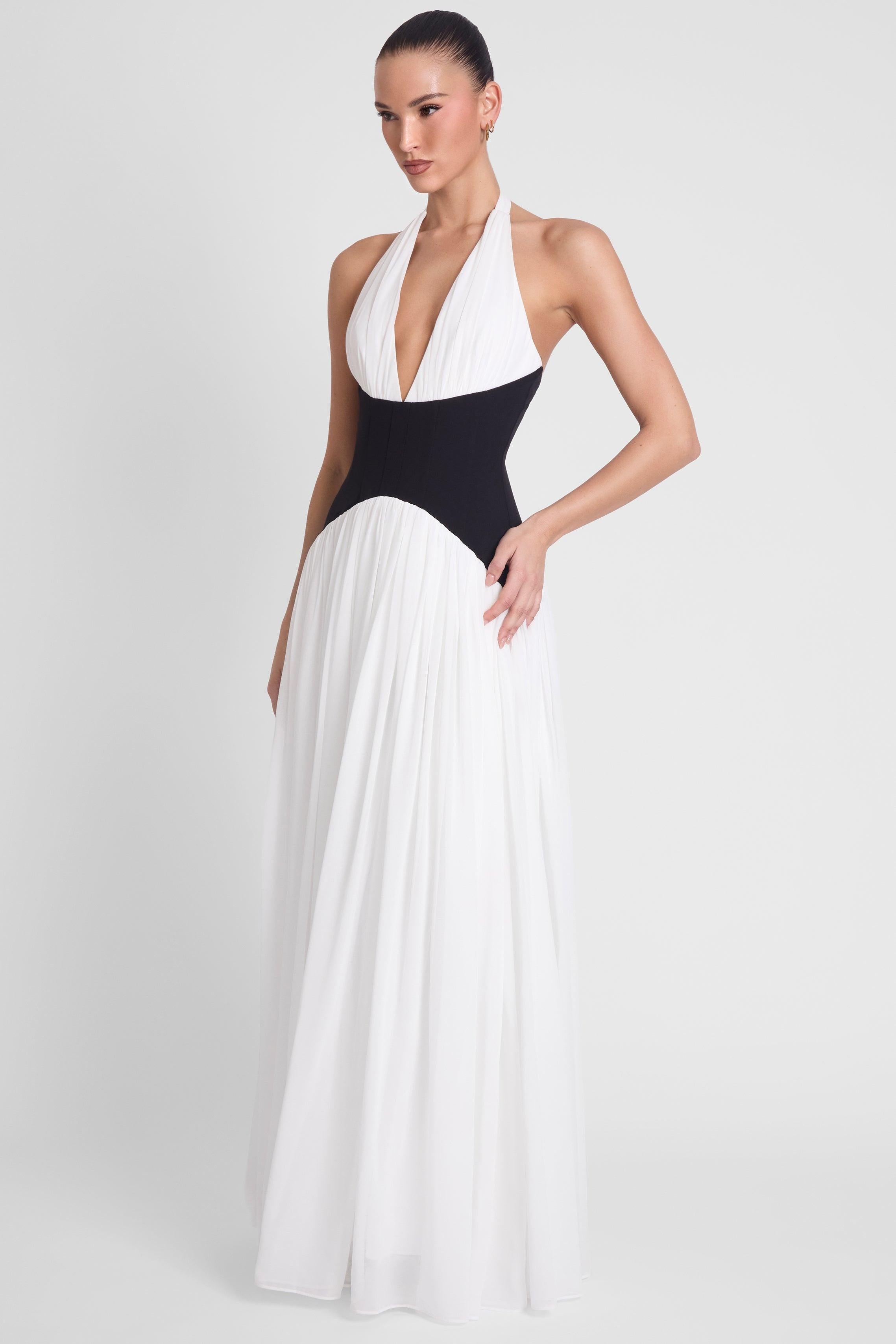 Harlowe Contrast Corset Maxi Dress - Black & White - XS